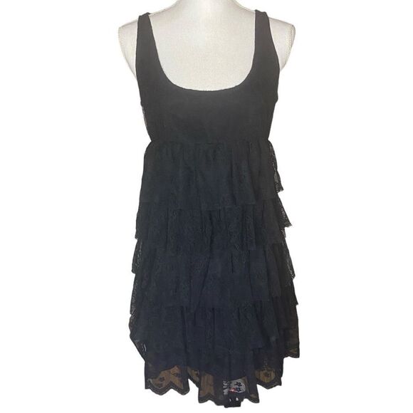 Zara Basic Wm’s Med Black Floral Lace 5 Tiered Ruffle Sleeveless Side Zip Dress - Picture 1 of 5